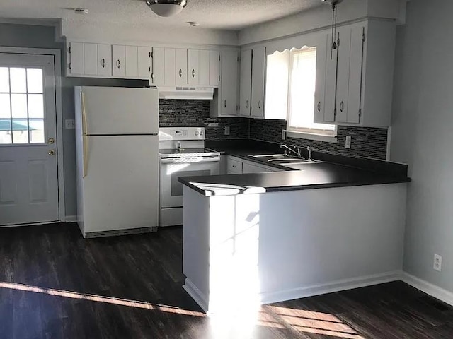 4660 Dover Rd, Indian Mound, TN 37079 - kitchen featuring white appliances, dark countertops, under cabinet range hood, and a healthy amount of sunlight