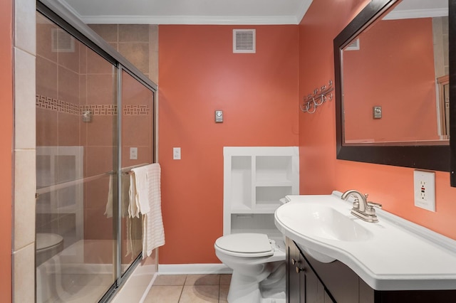 full bath featuring visible vents, tile patterned flooring, a shower with shower door, vanity, and toilet
