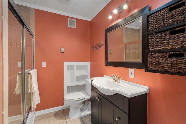 full bath with tile patterned flooring, vanity, a shower stall, visible vents, and ornamental molding