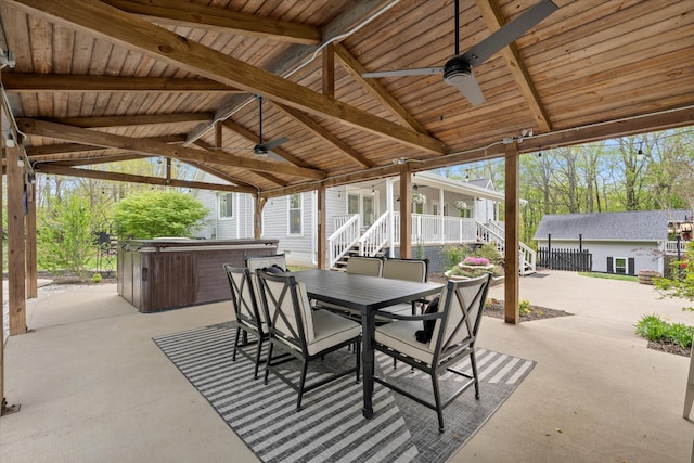 5960 Lickton Pike, Goodlettsville, TN 37072 - view of patio / terrace featuring a ceiling fan, a gazebo, a hot tub, stairway, and outdoor dining space
