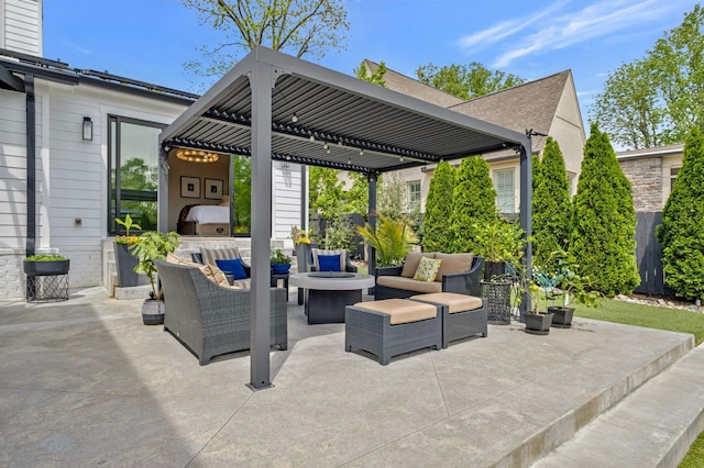 view of patio / terrace with an outdoor living space with a fire pit, a pergola, and area for grilling