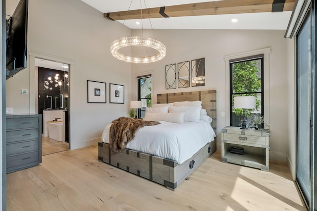 bedroom featuring beam ceiling, baseboards, high vaulted ceiling, light wood finished floors, and a chandelier