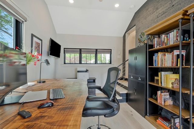 office area featuring recessed lighting, wood finished floors, and lofted ceiling