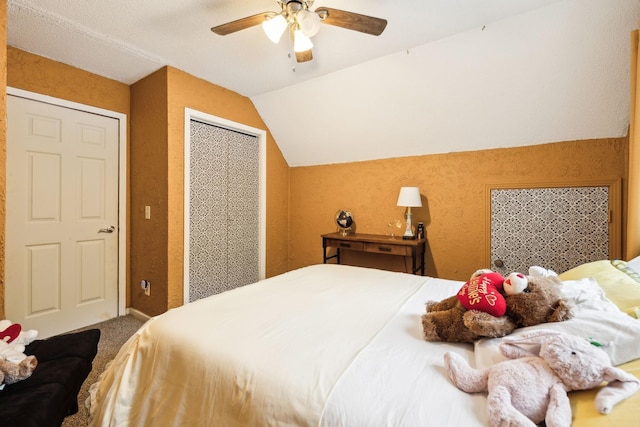 12817 Lascassas Pike, Milton, TN 37118 - carpeted bedroom featuring a ceiling fan, a textured wall, and lofted ceiling