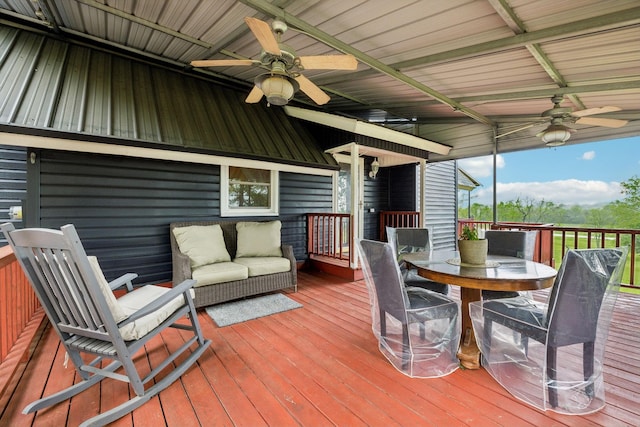 12817 Lascassas Pike, Milton, TN 37118 - wooden deck featuring outdoor dining area, an outdoor living space, and ceiling fan