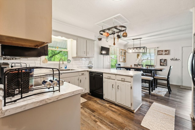 12817 Lascassas Pike, Milton, TN 37118 - kitchen with a sink, dark wood finished floors, black dishwasher, a peninsula, and backsplash