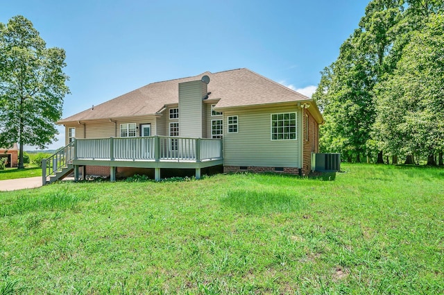 1031 Laurel Hill Dr, Dickson, TN 37055 - back of house with crawl space, a wooden deck, a lawn, central AC unit, and roof with shingles