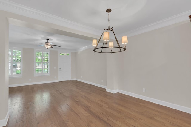 1020 Rural Plains Cir, Franklin, TN 37064 - empty room featuring baseboards, ornamental molding, ceiling fan with notable chandelier, and hardwood / wood-style flooring