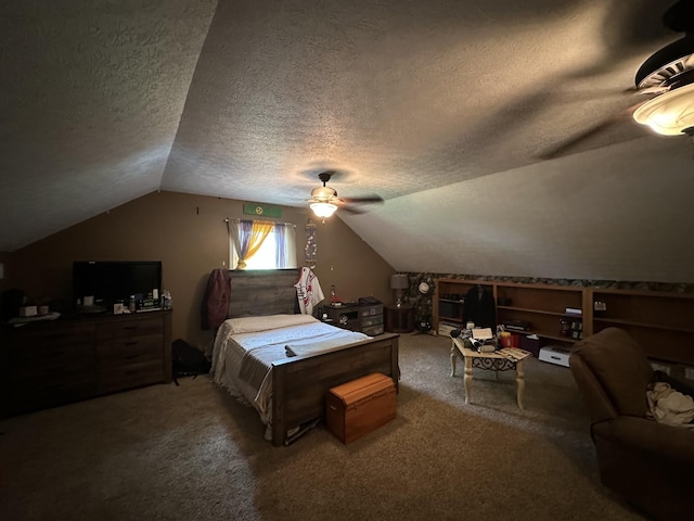 carpeted bedroom featuring a textured ceiling, ceiling fan, and vaulted ceiling