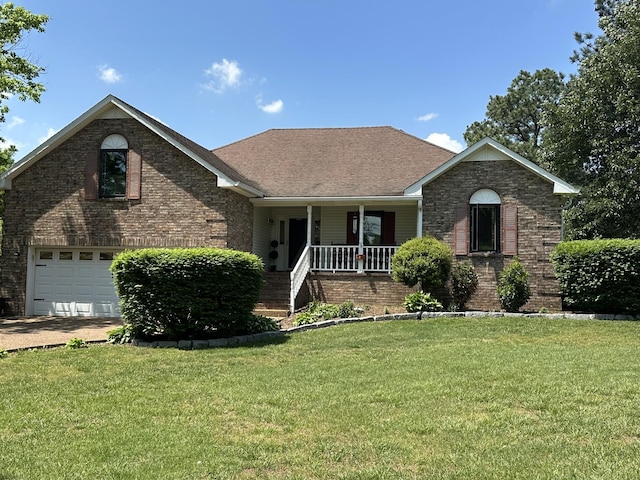 ranch-style house featuring a garage, a front lawn, covered porch, brick siding, and driveway