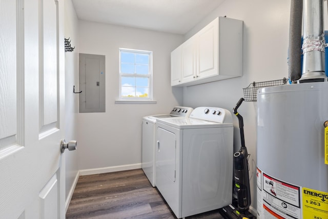 laundry area featuring dark wood-style flooring, washer and dryer, gas water heater, electric panel, and cabinet space
