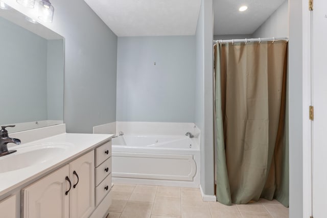 full bathroom featuring a bath, tile patterned floors, vanity, recessed lighting, and a shower with shower curtain