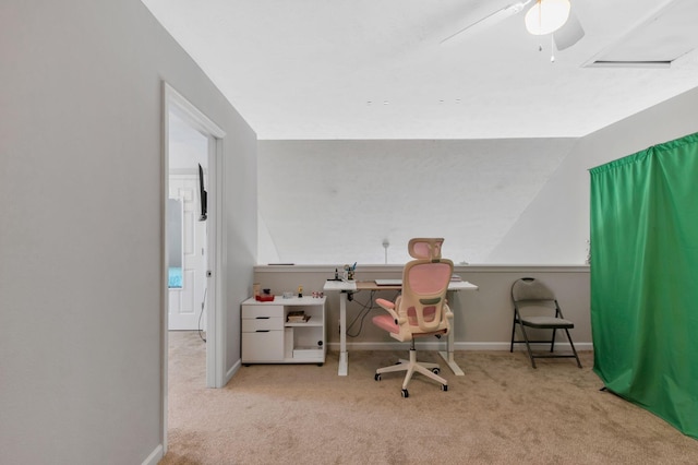 office area with baseboards, carpet flooring, a ceiling fan, and lofted ceiling