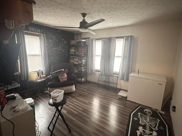 living area with a ceiling fan, wallpapered walls, a wealth of natural light, and wood finished floors