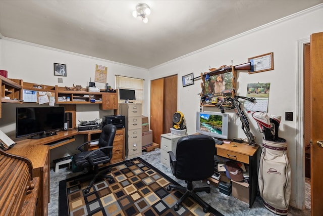 office featuring crown molding and dark colored carpet