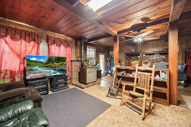 living area featuring a wood stove, wood walls, beam ceiling, wooden ceiling, and a ceiling fan