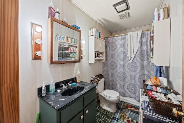 full bath with vanity, tile patterned floors, toilet, and a shower with shower curtain