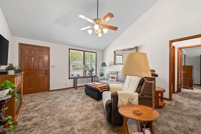 757 Acorn Dr, Clarksville, TN 37043 - carpeted living area featuring high vaulted ceiling, baseboards, and a ceiling fan