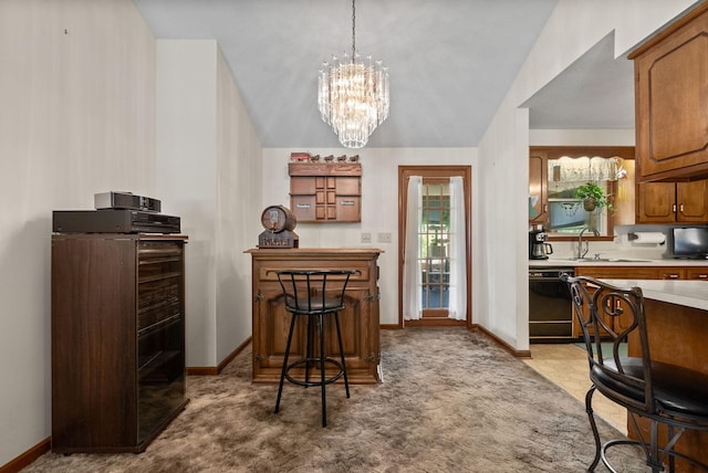 757 Acorn Dr, Clarksville, TN 37043 - bar with light colored carpet, a sink, baseboards, a chandelier, and black dishwasher