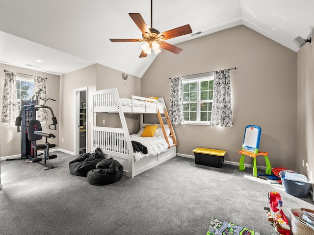 bedroom featuring carpet flooring, baseboards, visible vents, and vaulted ceiling
