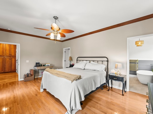 bedroom featuring ornamental molding and light wood-type flooring
