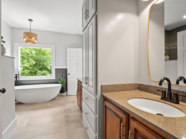 bathroom featuring vanity and a freestanding tub