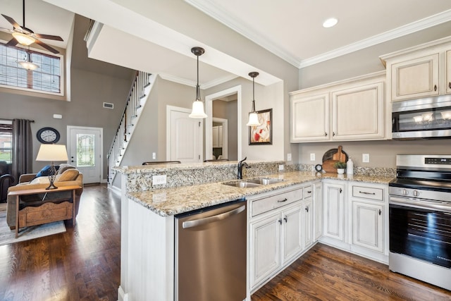 kitchen with a sink, stainless steel appliances, a peninsula, and dark wood finished floors