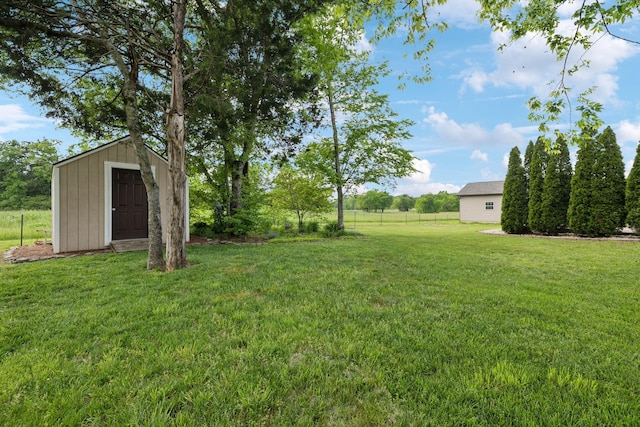 view of yard featuring a storage unit and an outbuilding