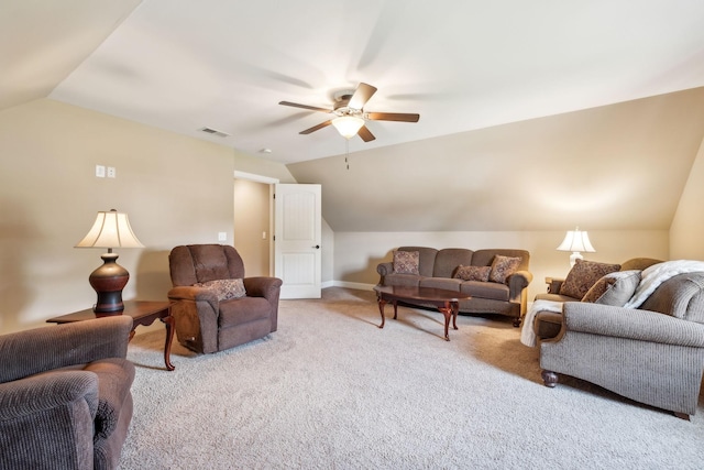 living room with visible vents, a ceiling fan, carpet, and vaulted ceiling