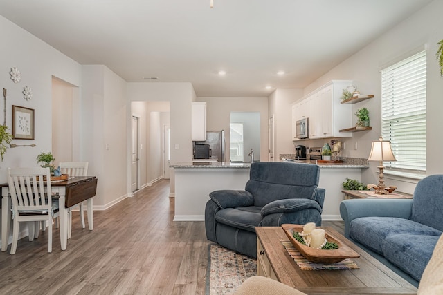 living room with recessed lighting, baseboards, and light wood finished floors