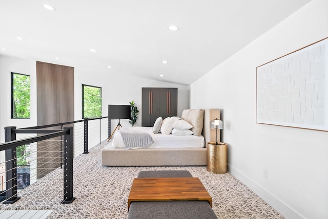 bedroom with recessed lighting, baseboards, lofted ceiling, and carpet