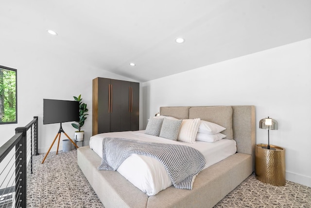 bedroom with baseboards, vaulted ceiling, and recessed lighting