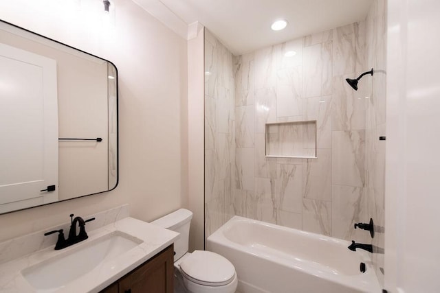 bathroom with vanity,  shower combination, recessed lighting, and toilet