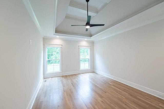 spare room with crown molding, light wood-style flooring, baseboards, and a tray ceiling