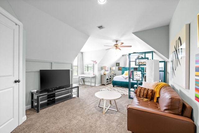 1005 Felts Dr, Clarksville, TN 37043 - living area with carpet flooring, ceiling fan, visible vents, and vaulted ceiling