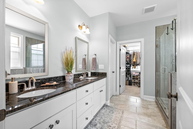1005 Felts Dr, Clarksville, TN 37043 - bathroom with a sink, a spacious closet, a stall shower, and visible vents