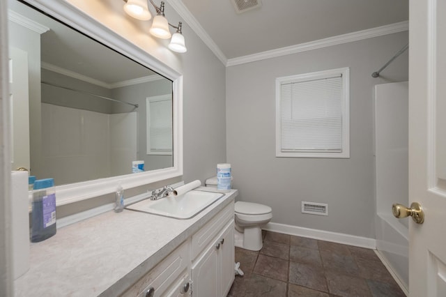 full bath with vanity, toilet, baseboards, visible vents, and ornamental molding