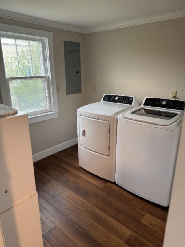 500 Brown St, Celina, TN 38551 - laundry area with electric panel, washer and clothes dryer, baseboards, ornamental molding, and dark wood finished floors
