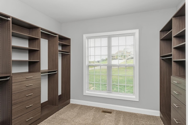spacious closet featuring visible vents and dark carpet