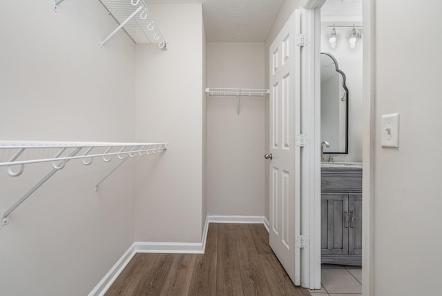 spacious closet with a sink and wood finished floors