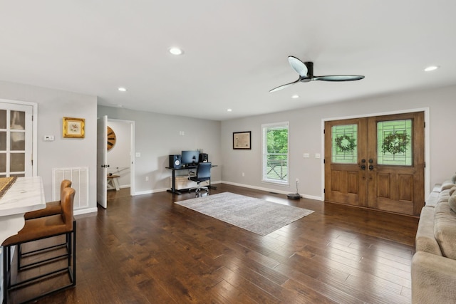 790 Noah Dr, Hohenwald, TN 38462 - entrance foyer with french doors, dark wood-type flooring, visible vents, recessed lighting, and ceiling fan
