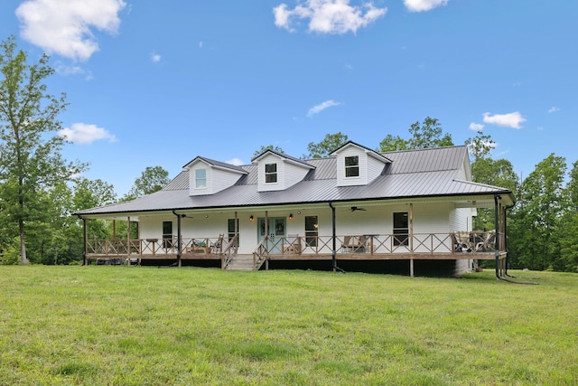 790 Noah Dr, Hohenwald, TN 38462 - rear view of house with a lawn, metal roof, ceiling fan, and covered porch