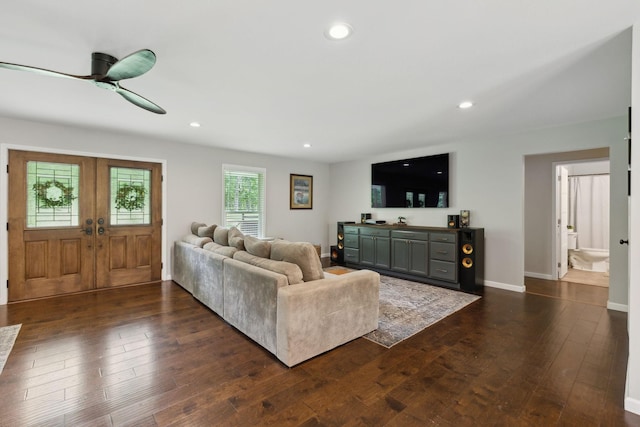 790 Noah Dr, Hohenwald, TN 38462 - living room with recessed lighting, french doors, ceiling fan, and dark wood-style floors