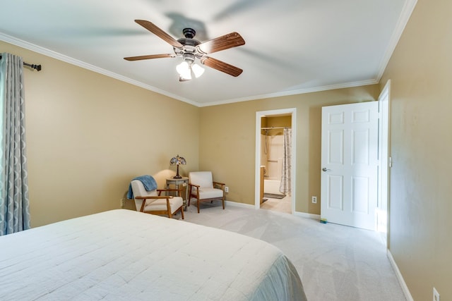 bedroom featuring baseboards, light colored carpet, and ornamental molding