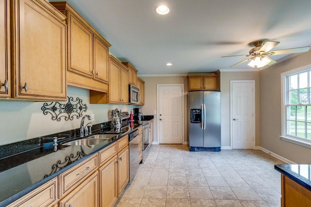 kitchen with crown molding, stainless steel appliances, ceiling fan, and a sink