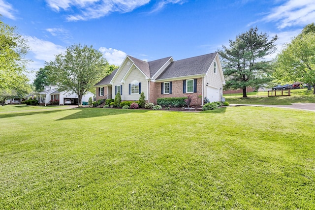 single story home featuring an attached garage, driveway, a front lawn, and brick siding