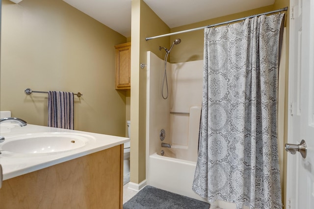 full bathroom with shower / bathtub combination with curtain and vanity