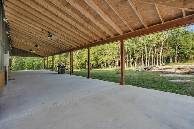 view of patio featuring grilling area, ceiling fan, and electric panel
