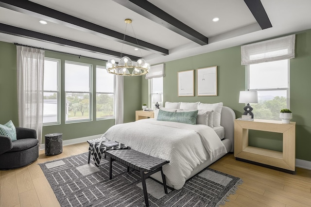 717 41st Ave N, Nashville, TN 37209 - bedroom featuring beamed ceiling, a chandelier, baseboards, wood finished floors, and recessed lighting