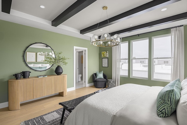 717 41st Ave N, Nashville, TN 37209 - bedroom featuring a chandelier, beam ceiling, baseboards, wood finished floors, and recessed lighting